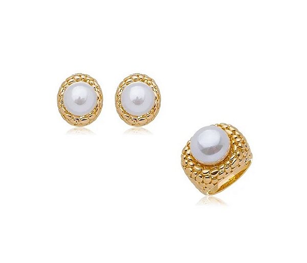 CONJUNTO PÉROLA CENTRAL COM LATERAL TRABALHADA BANHADO A OURO