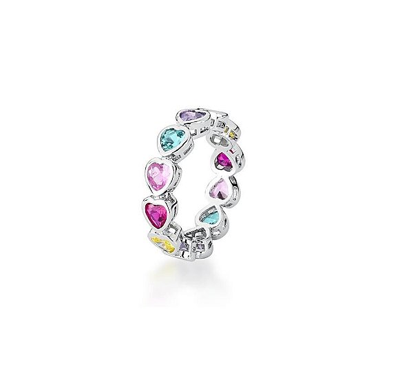 ANEL COM CRAVAÇÃO DE CORAÇÕES COLORIDOS BANHADO A RÓDIO BRANCO