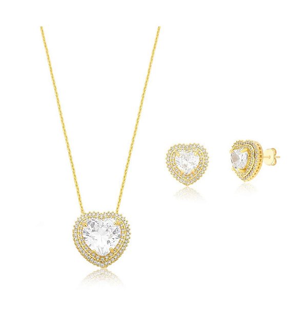 CONJUNTO CORAÇÃO CRAVEJADO CRISTAL BANHADO A OURO