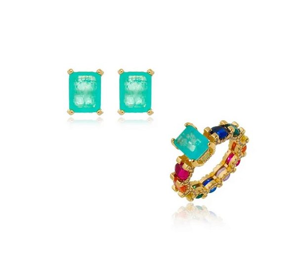 CONJUNTO DE BRINCOS E ANEL COM CRAVAÇÃO COLORIDA BANHADO A OURO
