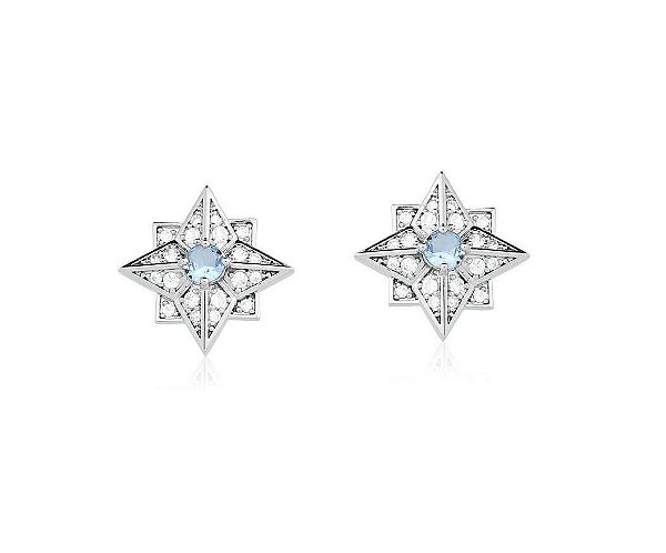 BRINCO ESTRELA COM PEDRA CENTRAL AQUAMARINE BANHADO A RÓDIO BRANCO