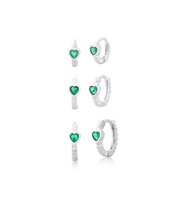 TRIO DE ARGOLAS COM CORAÇÃO ESMERALDA BANHADO A RÓDIO