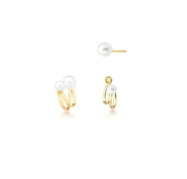 BRINCO EAR JACKET CURVO COM PÉROLAS SHELL BANHADO A OURO