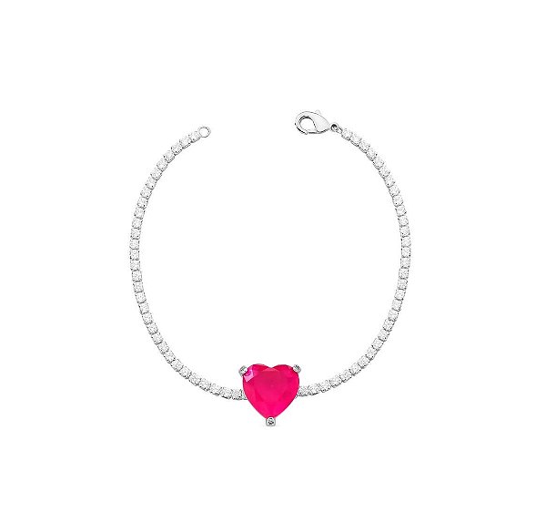 PULSEIRA RIVIERA COM CORAÇÃO TURMALINA ROSA FUSION BANHADA A RÓDIO