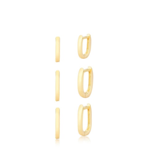 TRIO DE ARGOLAS OVALADAS LISAS BANHADO A OURO