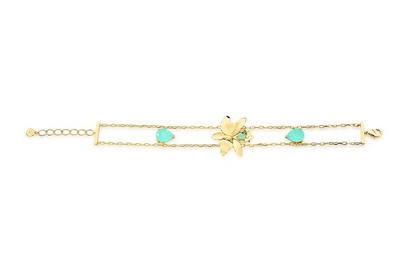 PULSEIRA ORQUÍDEA COM GOTAS ESMERALDA COLOMBIANA BANHADO A OURO