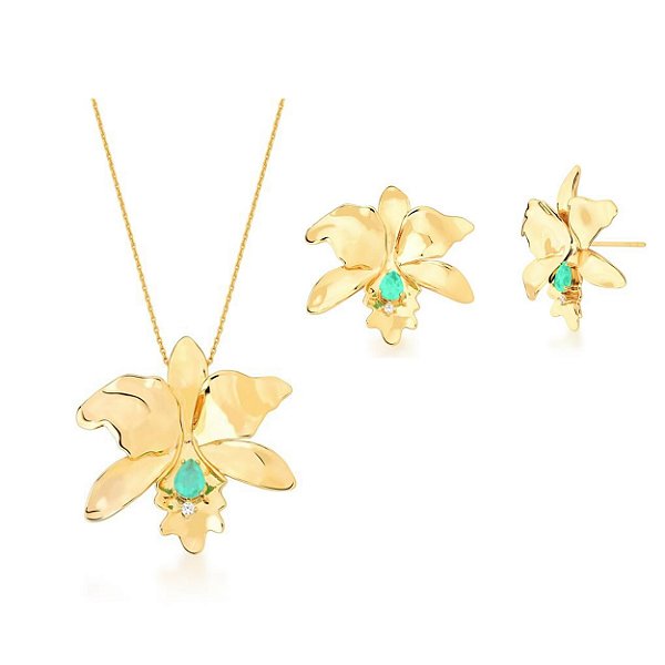 CONJUNTO ORQUÍDEA COM GOTAS ESMERALDA COLOMBIANA BANHADO A OURO
