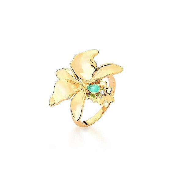 ANEL ORQUÍDEA COM MINI GOTA ESMERALDA COLOMBIANA BANHADO A OURO