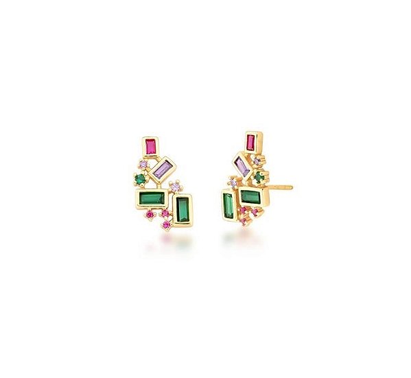 BRINCO EAR CUFF COM CRISTAIS COLORIDOS BANHADO A OURO