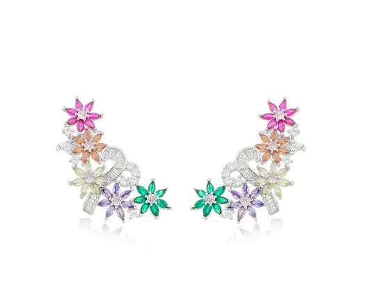 BRINCO EAR CUFF DE LUXO FLORES COLORIDAS BANHADO A RÓDIO BRANCO