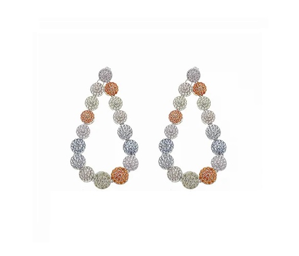 BRINCO ESFERAS CRAVEJADAS COLORIDAS BANHADO A RÓDIO BRANCO