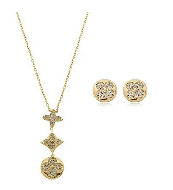 CONJUNTO TREVO CRAVEJADO BANHADO A OURO