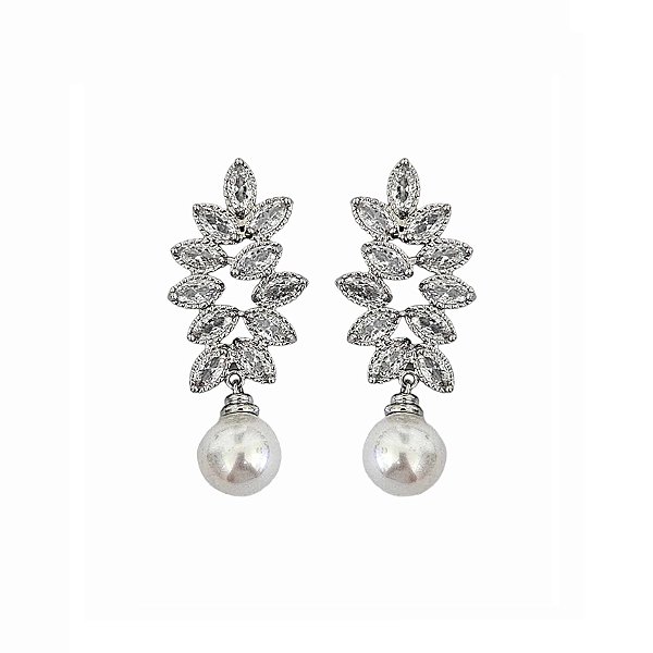 BRINCO FOLHAS CRAVEJADAS COM PÉROLA EM PÊNDULO BANHADO A RÓDIO BRANCO