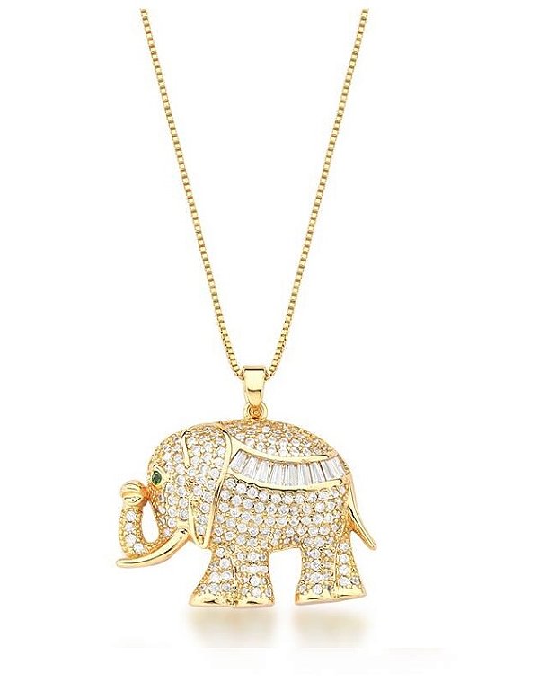 COLAR COM PINGENTE DE ELEFANTE CRAVEJADO BANHADO A OURO
