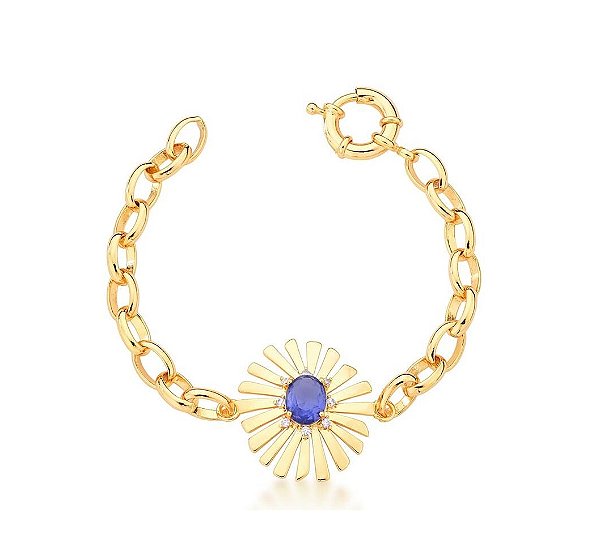 PULSEIRA FOLHAS COM PEDRA OVAL TANZANITA BANHADA A OURO