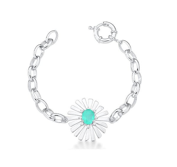 PULSEIRA FOLHAS COM PEDRA OVAL TURMALINA BANHADA A RÓDIO BRANCO