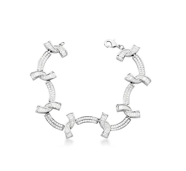 PULSEIRA COM CURVAS E ZIRCÔNIAS BAGUETES BRANCAS BANHADA A RÓDIO