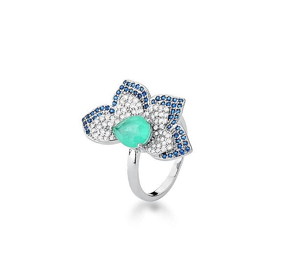 ANEL DE MEIA FLOR E CRISTAL FUSION TURMALINA BANHADO A RÓDIO