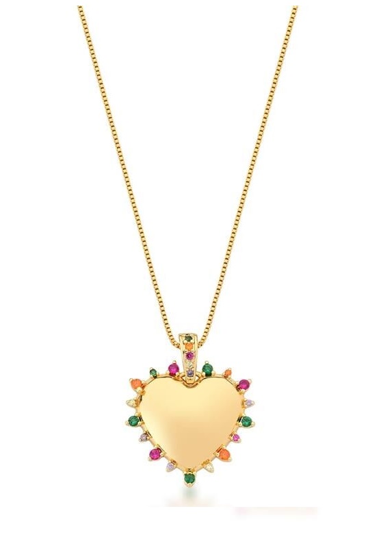 COLAR COM PINGENTE DE CORAÇÃO COLORIDO BANHADA A OURO
