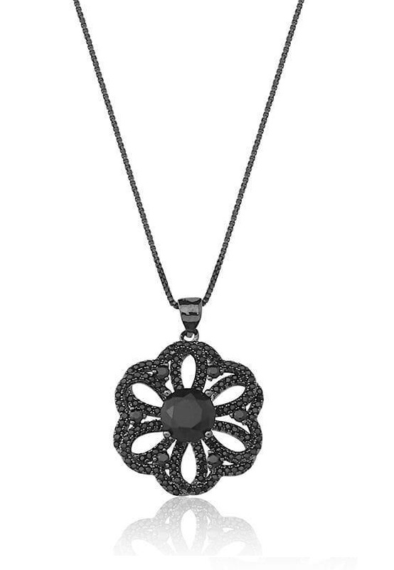 COLAR COM PINGENTE DE FLOR CRAVEJADA BANHADA A RÓDIO NEGRO