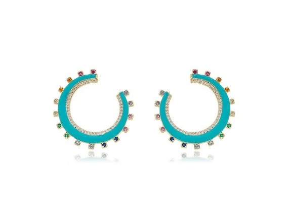 BRINCO MEIA LUA ESMALTADO TURQUESA COM ZIRCÔNIAS COLORIDAS