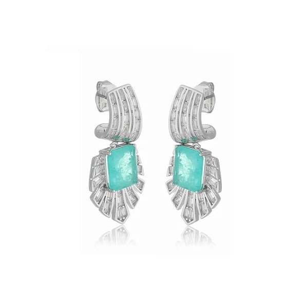 BRINCO LUXO EM PÊNDULO COM PEDRA TURMALINA BANHADO A RÓDIO BRANCO