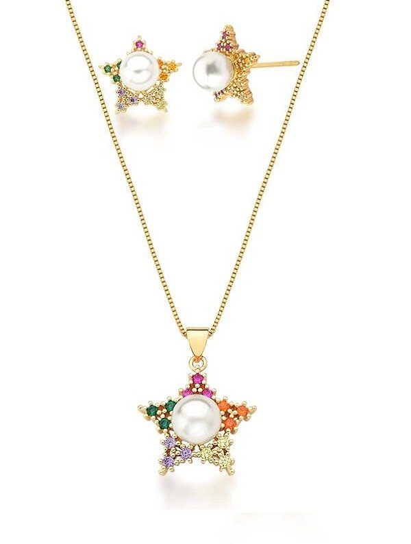 CONJUNTO DE ESTRELA COLORIDA COM PÉROLA CENTRAL BANHADO A OURO