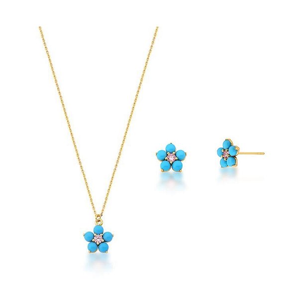 CONJUNTO FLOR DE RESINA TURQUESA BANHADO A OURO