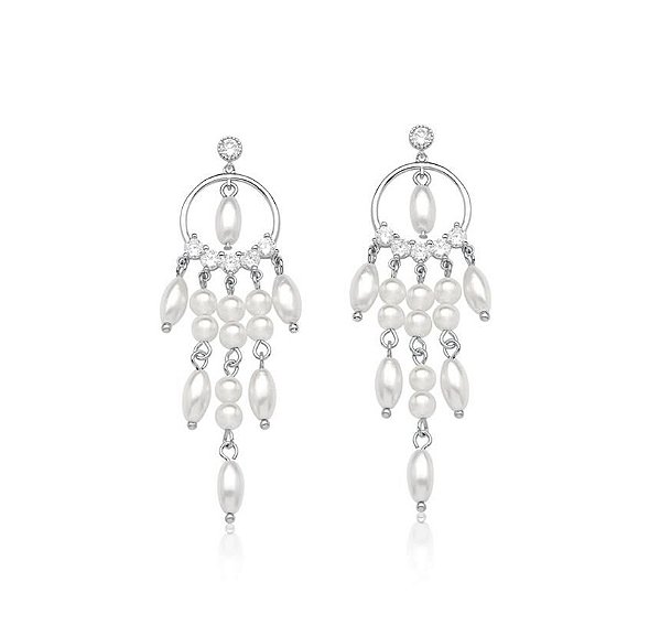 BRINCO PÊNDULO COM PEROLAS E ZIRCÔNIAS BRANCAS BANHADO A RÓDIO