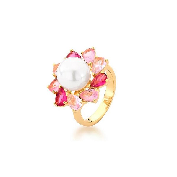 ANEL DE FLOR COM PÉROLA E CRISTAIS BANHADO A OURO
