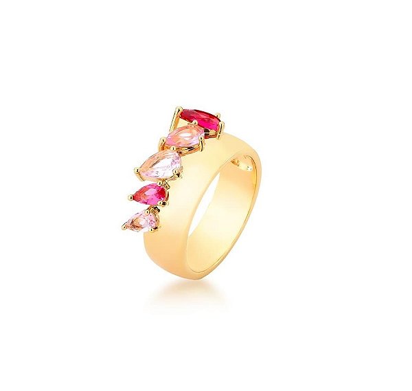 ANEL LISO E CRISTAIS GOTA DEGRADÊ ROSA BANHADA A OURO