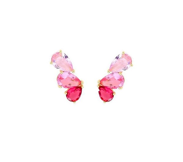 BRINCO EAR CUFF COM CRISTAIS EM GOTA DEGRADÊ ROSA BANHADO A OURO