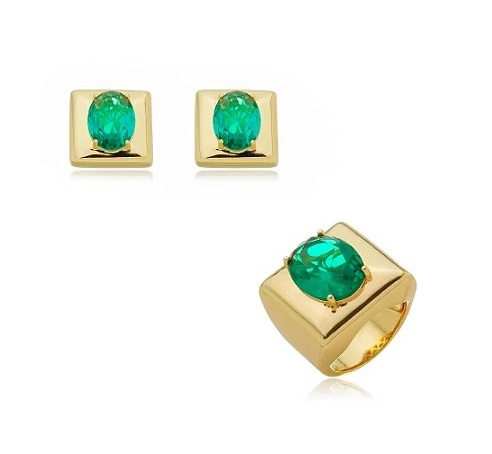 CONJUNTO QUADRADO PEDRA OVAL TURMALINA BANHADO A OURO
