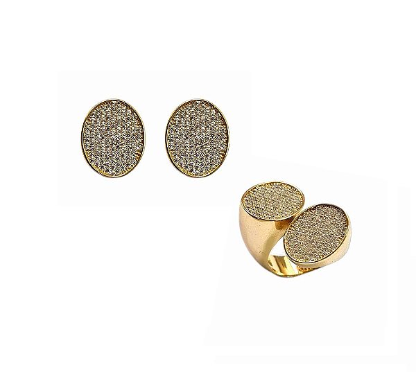 CONJUNTO OVAL LUXO CRAVEJADO BANHADO A OURO