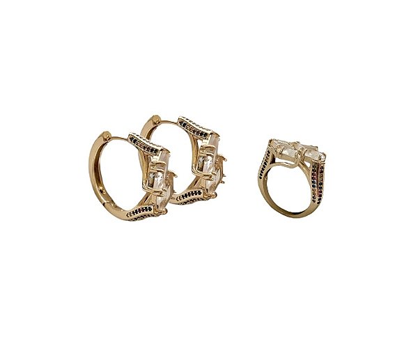 CONJUNTO DE ARGOLA E ANEL COM ZIRCÔNIAS CRISTAIS FRONTAIS BANHADO A OURO