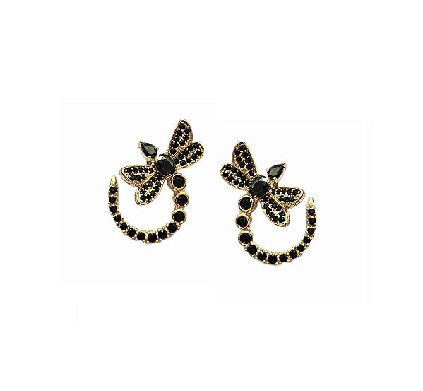 BRINCO LIBÉLULA CRAVEJADA NEGRA BANHADA A OURO