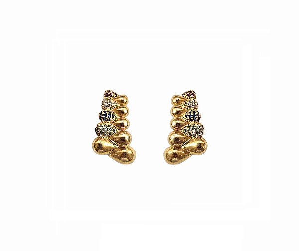 BRINCO EAR HOOK COM CRAVAÇÃO COLORIDA BANHADO A OURO