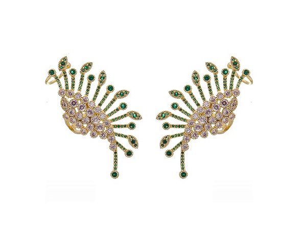 BRINCO EAR CUFF DE LUXO COM CRAVAÇÃO COLORIDA BANHADO A OURO