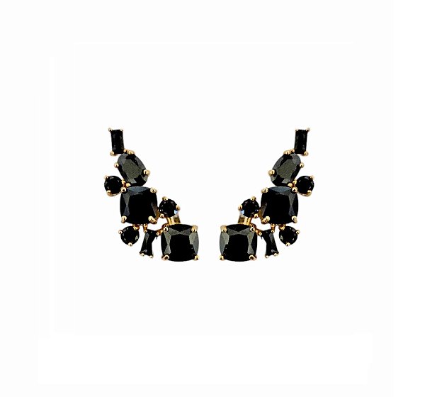 BRINCO EAR CUFF PEDRAS GEOMÉTRICAS NEGRAS BANHADO A OURO