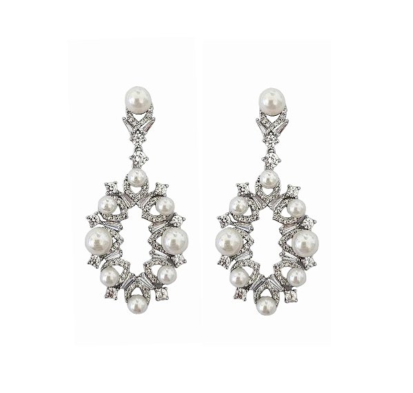 BRINCO EM PÊNDULO COM PÉROLAS E ZIRCÔNIAS BANHADO A RÓDIO BRANCO