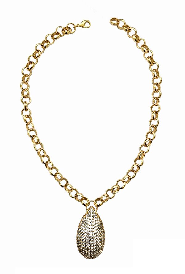 COLAR ELOS COM GOTA CRAVEJADA CRISTAL BANHADO A OURO