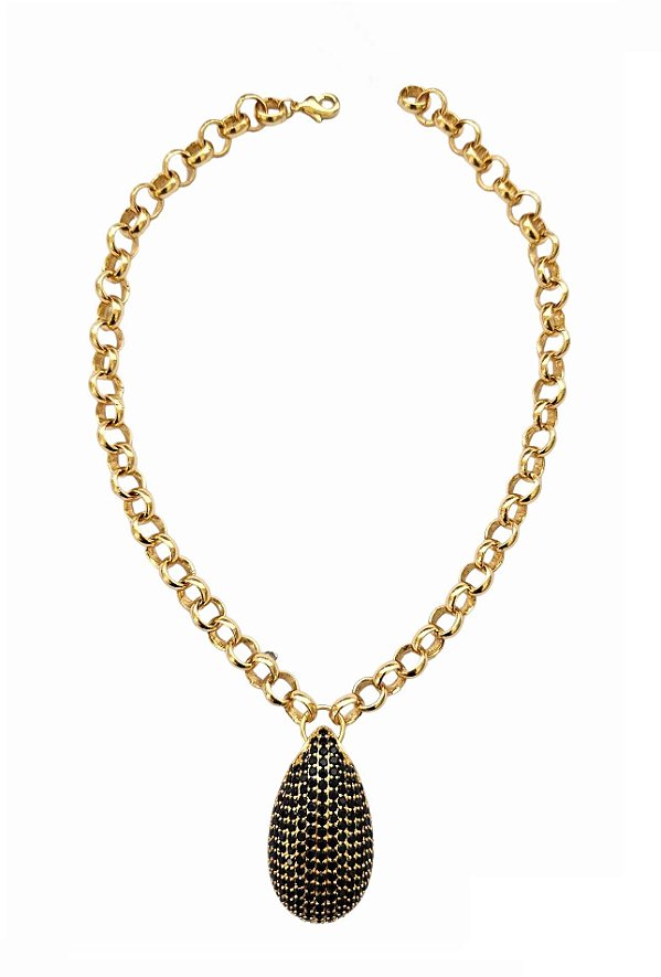 COLAR ELOS COM GOTA CRAVEJADA NEGRO BANHADO A OURO