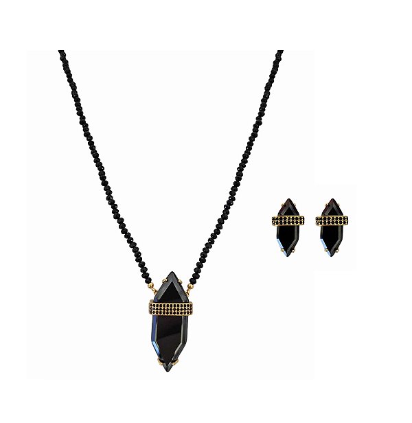 CONJUNTO EM CRISTAIS NEGROS BANHADA A OURO