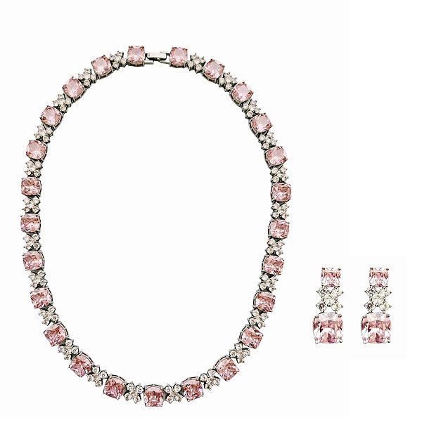 CONJUNTO LUXO KUNZITA COM CRISTAL BANHADO A RÓDIO