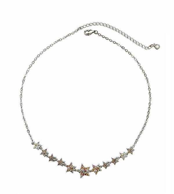 CHOKER ESTRELAS CRAVEJADAS COLORIDAS BANHADA A RÓDIO BRANCO