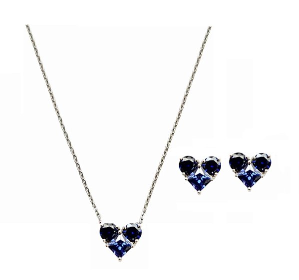 CONJUNTO CORAÇÃO TANZANITA BANHADO A RÓDIO BRANCO