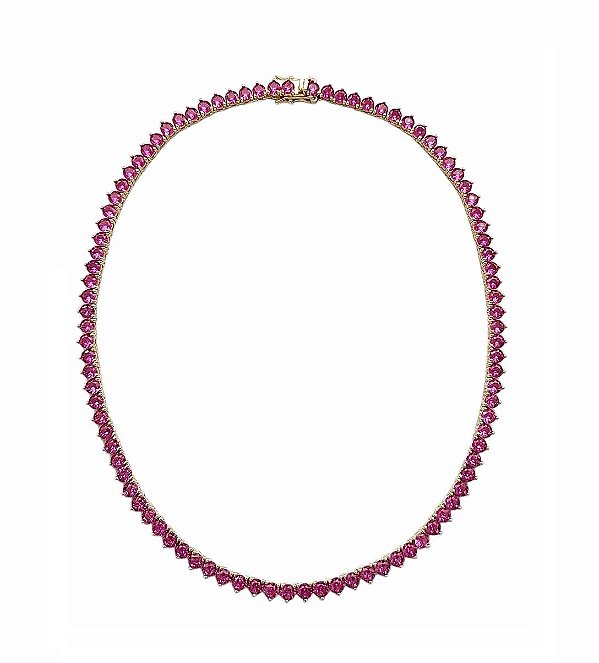 COLAR RIVIERA COM CRAVAÇÃO TRÊS PONTAS SAFIRA ROSA BANHADO A OURO