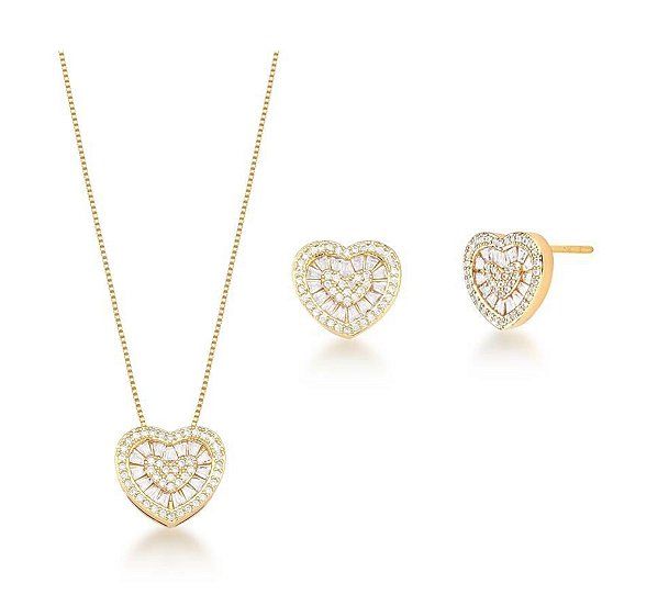 CONJUNTO CORAÇÃO BAGUETADO BANHADO A OURO
