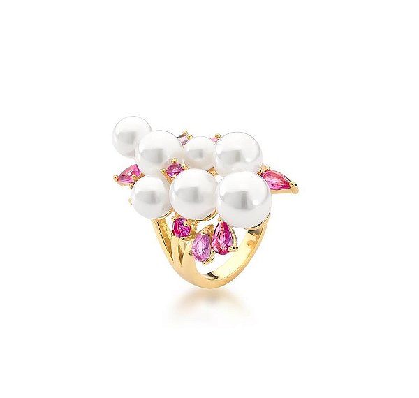 ANEL COM PÉROLAS E CRISTAIS DIVERSOS BANHADO A OURO