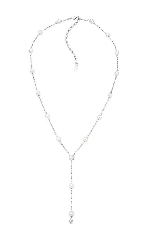 COLAR GRAVATA DE PÉROLAS COM PONTO DE LUZ BANHADO A RÓDIO BRANCO